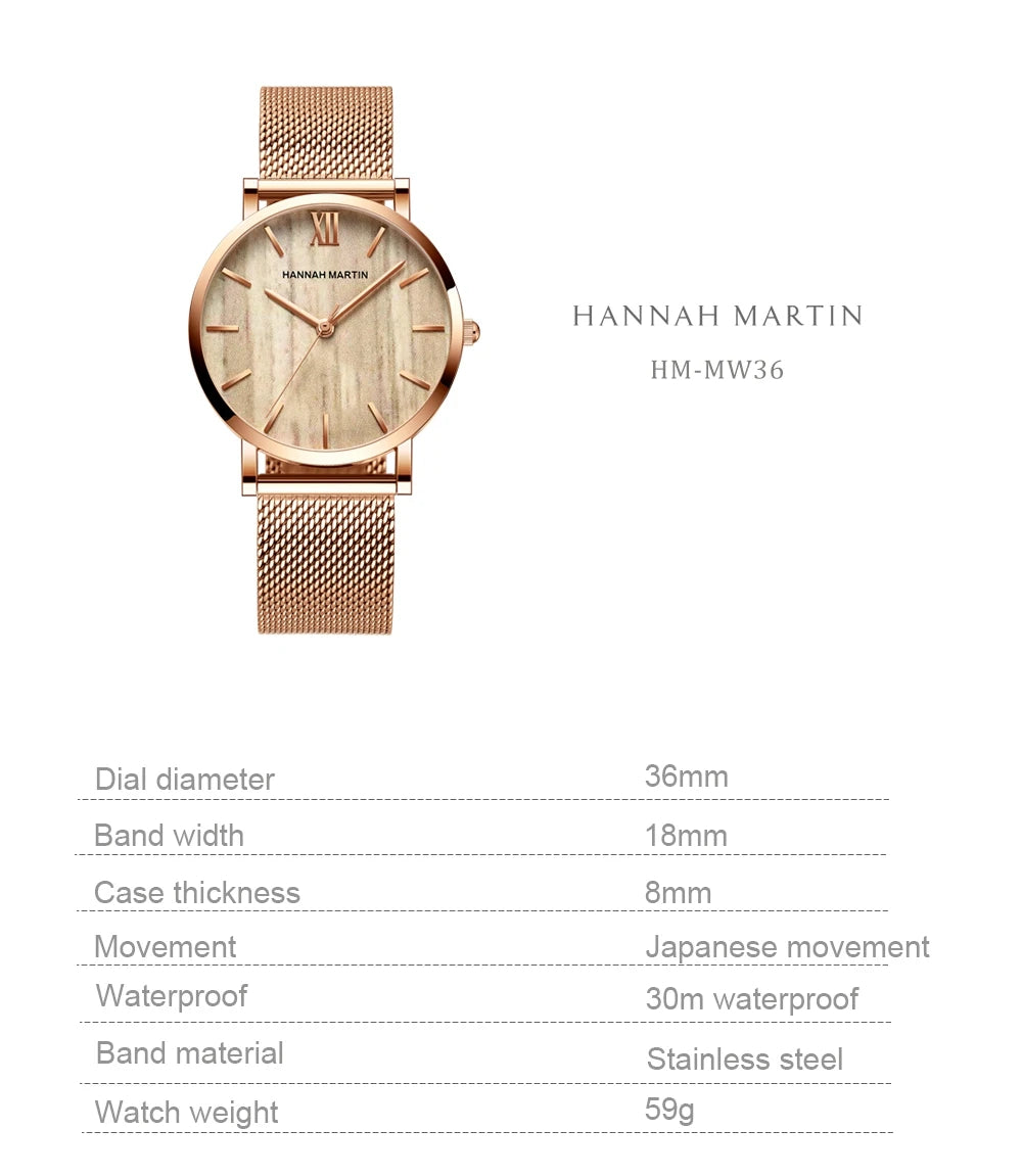 Reloj HANNAH MARTIN para Mujer – Acero Inoxidable, Movimiento de Cuarzo Japonés, 36 mm