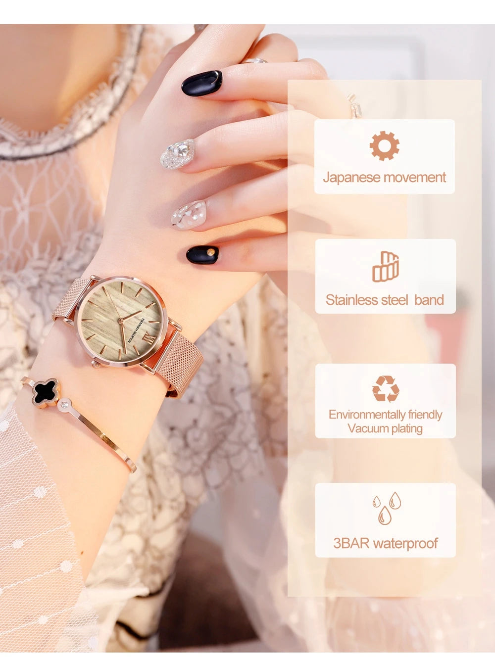 Reloj HANNAH MARTIN para Mujer – Acero Inoxidable, Movimiento de Cuarzo Japonés, 36 mm