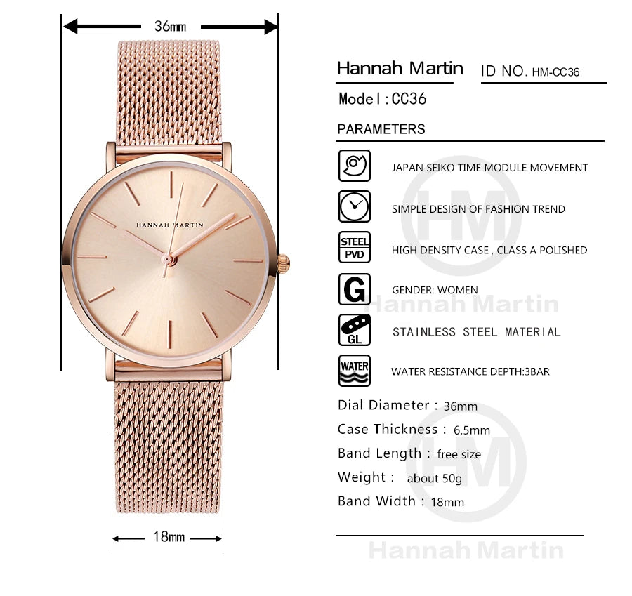 Reloj HANNAH MARTIN para Mujer – Acero Inoxidable, Movimiento de Cuarzo Japonés, 36 mm