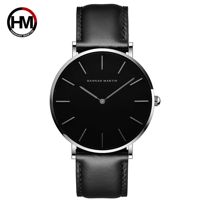 Reloj Unisex Hannah Martin – Correa de Cuero, Negro, Diseño Minimalista