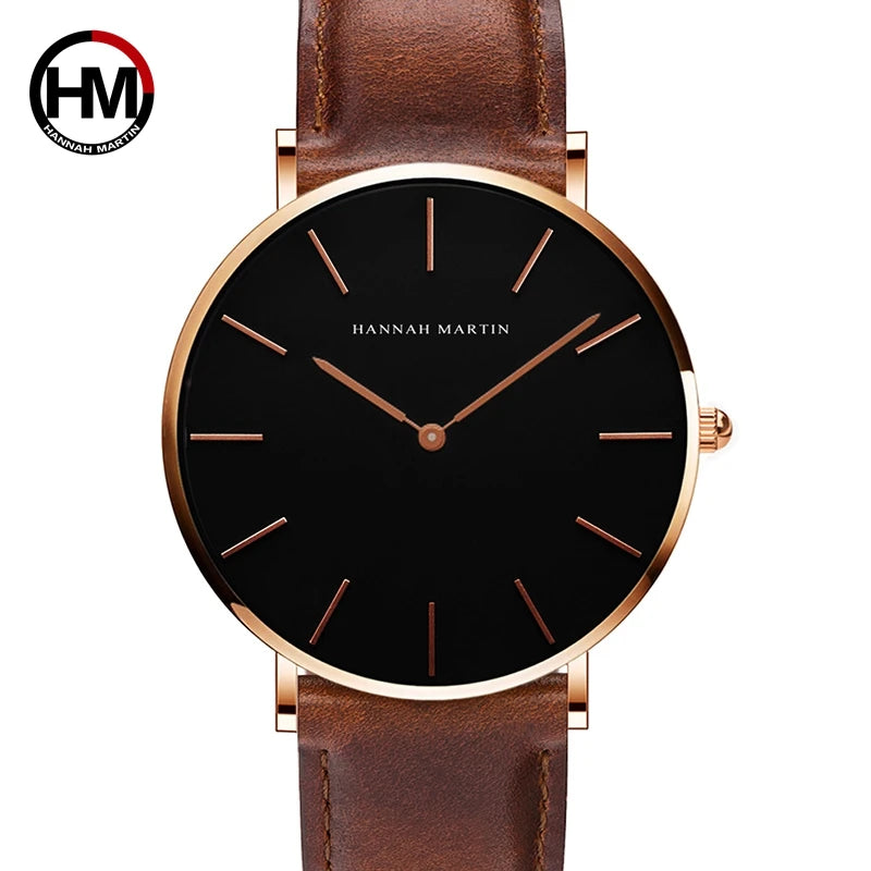 Reloj Unisex Hannah Martin – Correa de Cuero, Negro, Diseño Minimalista