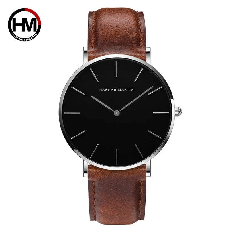 Reloj Unisex Hannah Martin – Correa de Cuero, Negro, Diseño Minimalista
