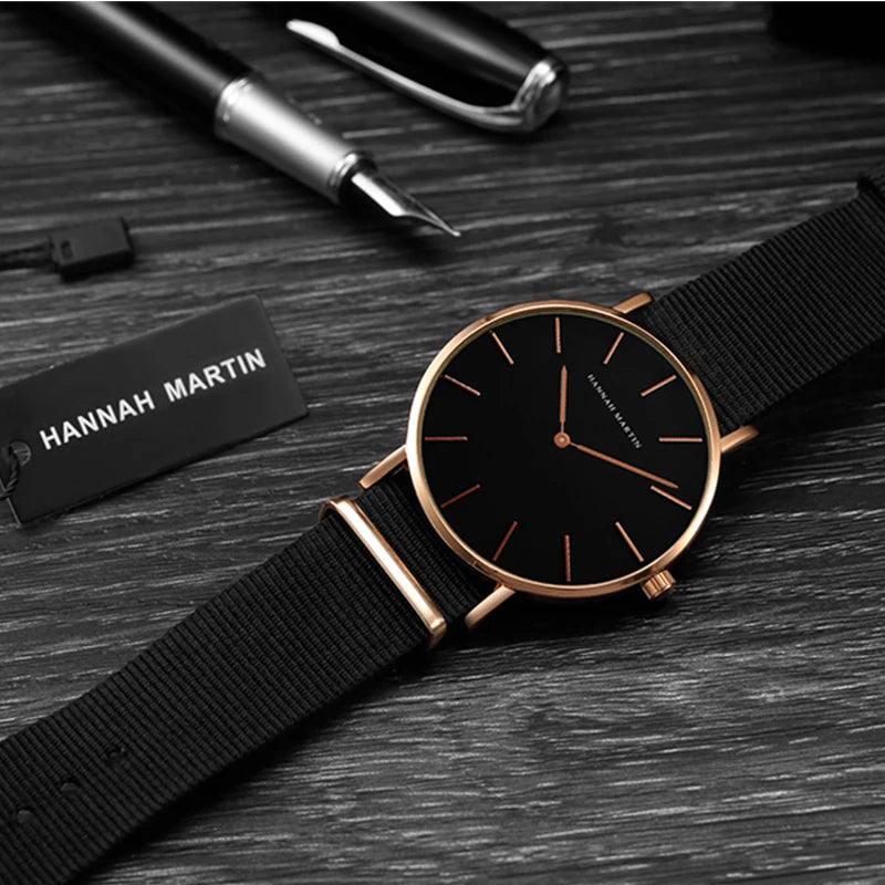 Reloj Unisex Hannah Martin – Correa de Cuero, Negro, Diseño Minimalista