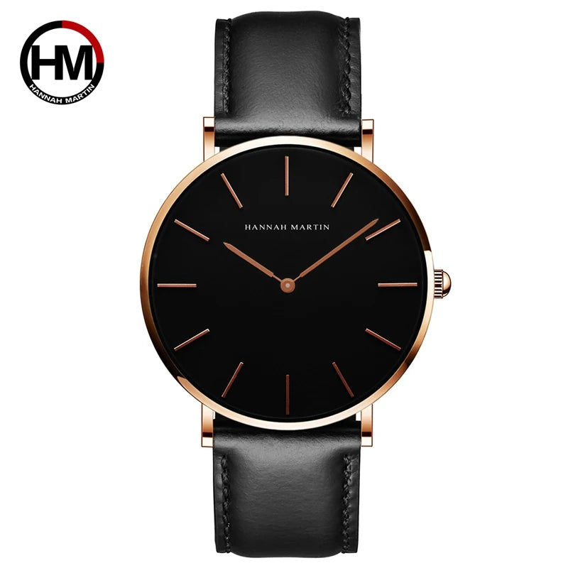 Reloj Unisex Hannah Martin – Correa de Cuero, Negro, Diseño Minimalista