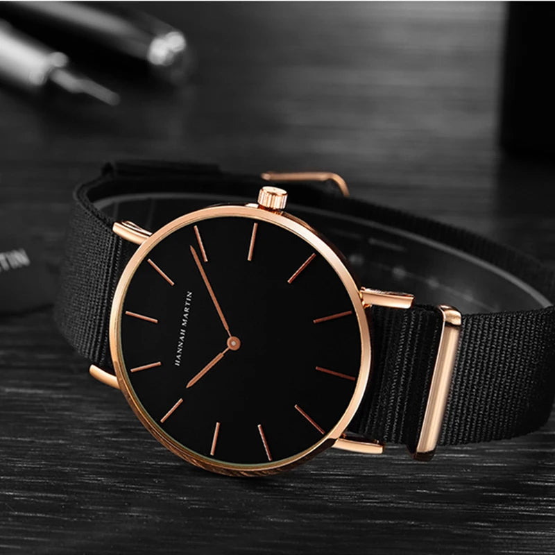 Reloj Unisex Hannah Martin – Correa de Cuero, Negro, Diseño Minimalista