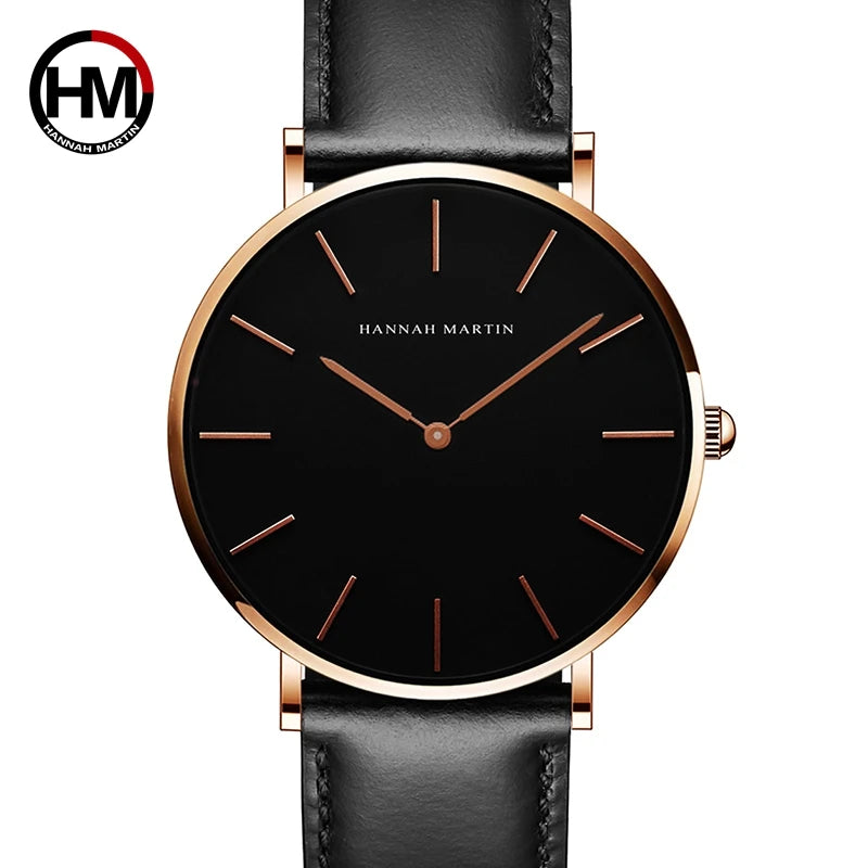 Reloj Unisex Hannah Martin – Correa de Cuero, Negro, Diseño Minimalista