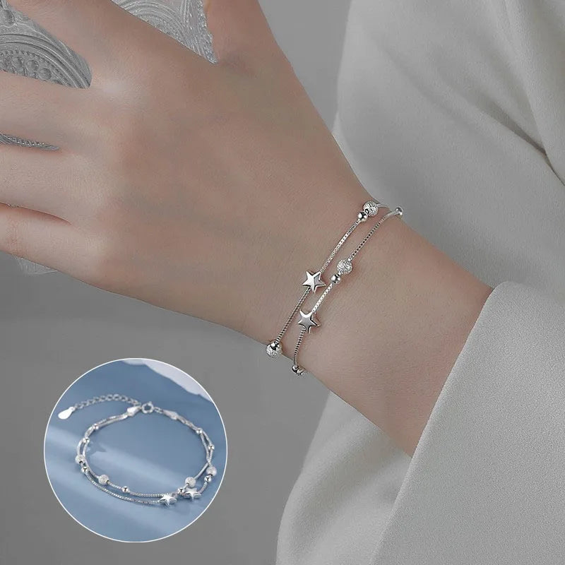 Pulsera de Estrellas Doble Capa en Plata 925 – Ajustable y Elegante