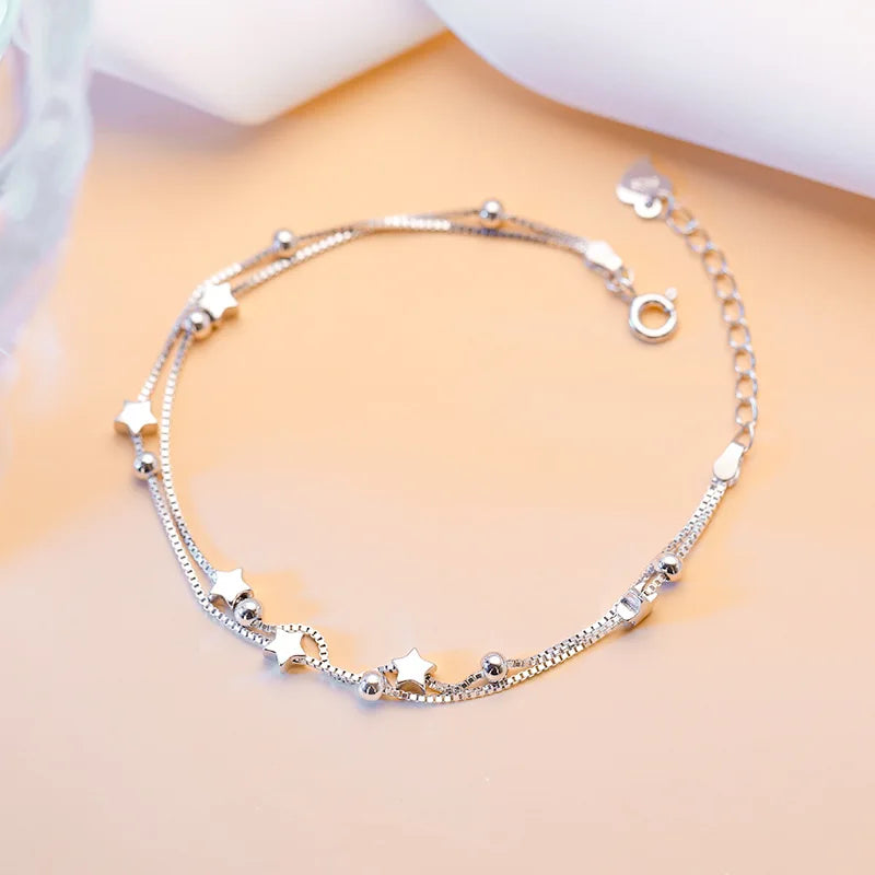 Pulsera de Estrellas Doble Capa en Plata 925 – Ajustable y Elegante