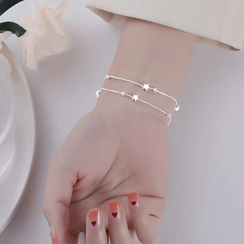 Pulsera de Estrellas Doble Capa en Plata 925 – Ajustable y Elegante