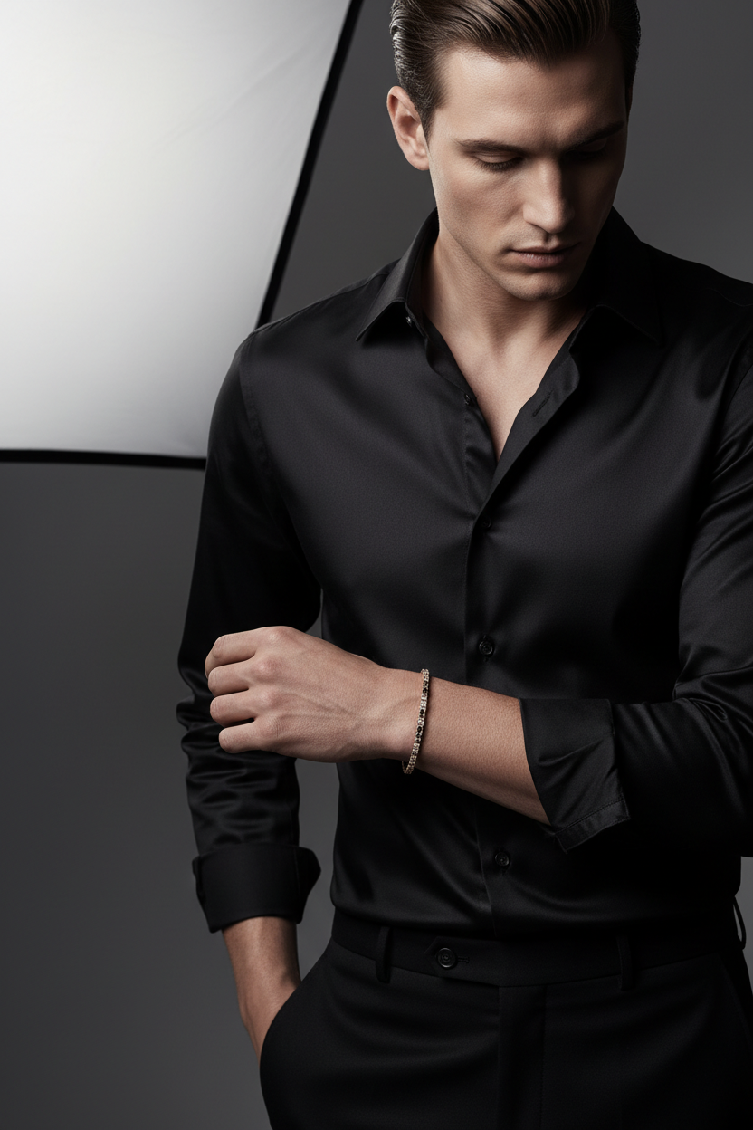 Mas como si el hombre estuviera de pie con camisa negra